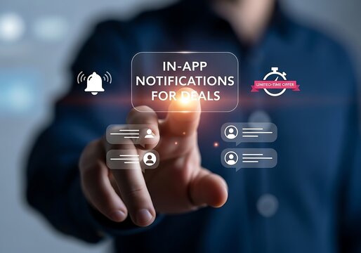 A persons hand touches a futuristic holographic screen showing inapp notifications for deals, representing digital marketing, online promotions, and modern communication technology for business