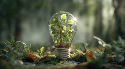 A small plant grows within a clear lightbulb.