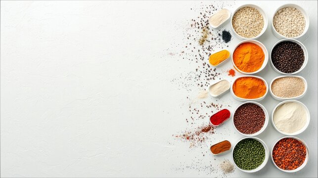 A collection of various spices, powders, and grains are arranged in white bowls and small dishes on a white surface.