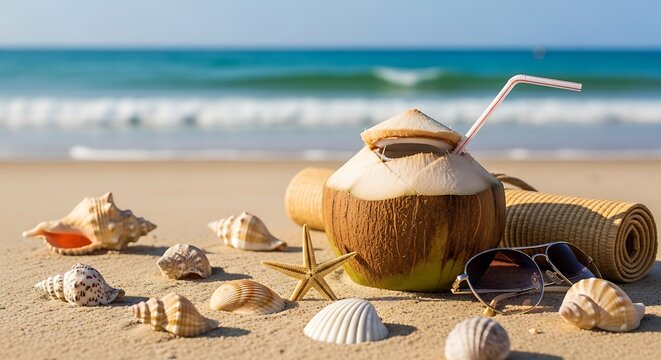 Tropical refreshment A coconut drink rests on a sandy beach surrounded by shells and sunglasses, perfect for a vacation getaway