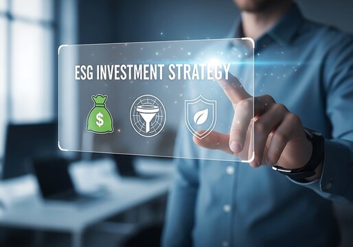 Businessman touching a virtual screen displaying esg investment strategy with icons for money, data filtering, and environmental responsibility, symbolizing sustainable and ethical investment concepts