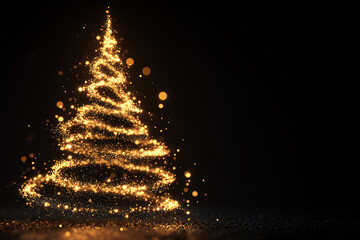 3D Golden Christmas Tree with Glowing Lights on Black Luxury Background