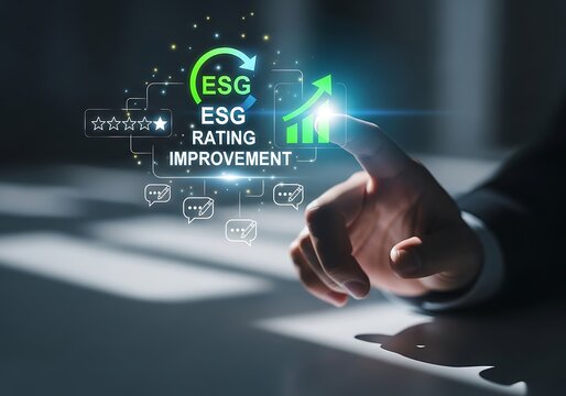 A hand interacts with a digital display showing esg rating improvement and a green upward arrow, symbolizing progress in environmental, social, and governance factors for sustainable business