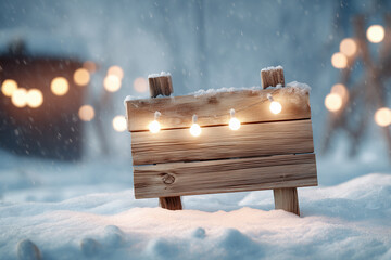 Snow-Covered Wooden Sign with Glowing Lights on Winter Background