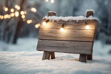 Snow-Covered Wooden Sign with Glowing Lights on Winter Background