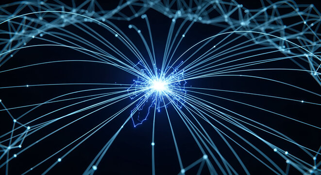 Abstract network connections with glowing center, data flow concept design