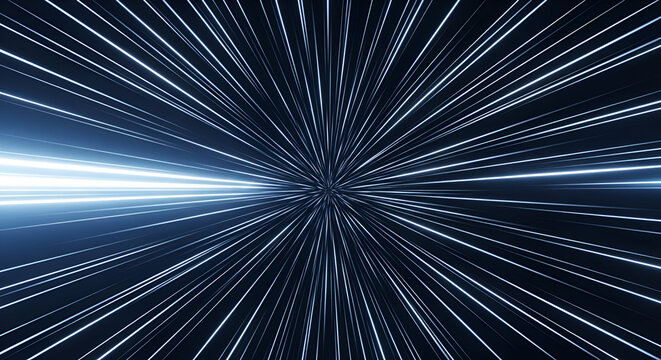 Abstract warp speed background with blue light streaks converging center point