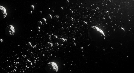Dramatic asteroid field in deep space, monochrome view of cosmic wonder