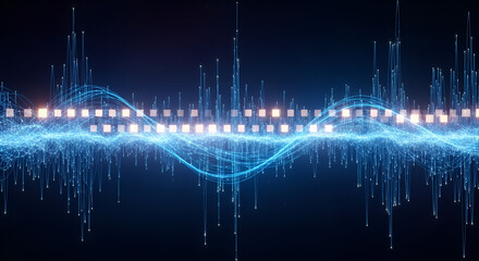 Digital Audio Visualization with Glowing Particles and Waves Creating Dynamic Pattern