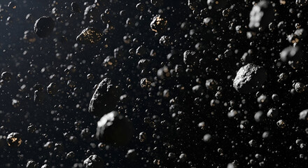 Detailed view of an asteroid field in deep space with distant starlight reflections