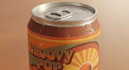 Close-up of a vintage aluminum beverage can with a groovy, retro-style label featuring a 70s sunburst design against a warm background
