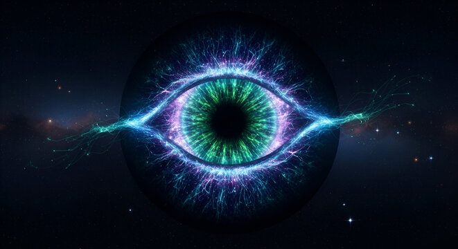 Cosmic Vision: A mesmerizing digital artwork of a luminous eye in space - Powered by Adobe