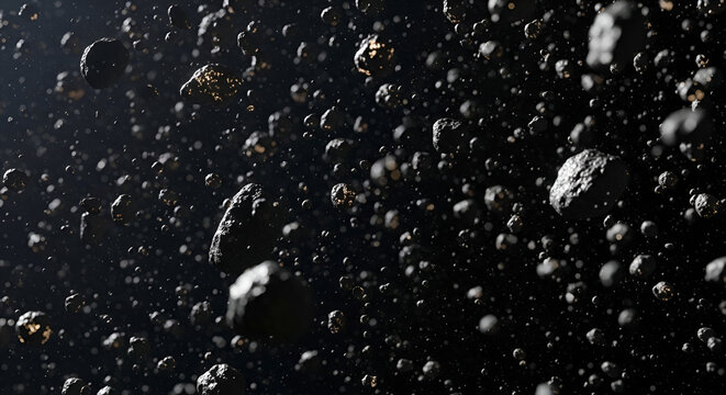 Detailed view of an asteroid field in deep space with distant starlight reflections