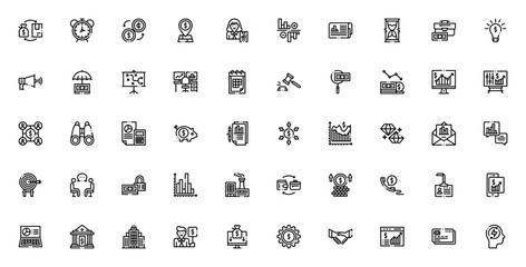 Trading icon set. Business vector icons pack. Includs symbols for investment, oney, chart, statistics, mrket analysis, currency exhange and more. Editable sroke.