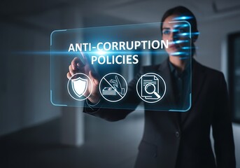 Professional businesswoman interacts with a futuristic holographic screen displaying anticorruption policies and related icons, symbolizing corporate ethics, legal compliance, and fraud prevention