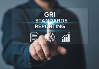 Business person touching a holographic screen with "GRI Standards Reporting" text and related icons.