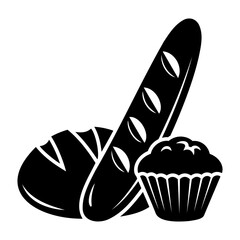 Bakery Icon Vector Illustration of a loaf of bread, a baguette, and a muffin, all in solid black on a transparent background