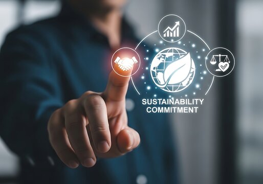 A hand interacting with a digital interface displaying sustainability commitment alongside icons representing environmental, social, and governance esg factors, emphasizing corporate responsibility