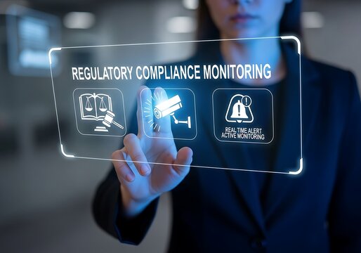 A professional interacts with a holographic interface displaying regulatory compliance monitoring and icons, representing digital solutions for legal, audit, and risk management in modern business