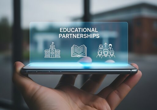 Hand holding a smartphone displaying a holographic projection with educational partnerships and icons for school, book, and students, symbolizing collaboration in education