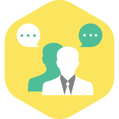 Group of People Communicating with Speech Bubbles in a Hexagonal Frame with Yellow Background and Teal and White Silhouettes