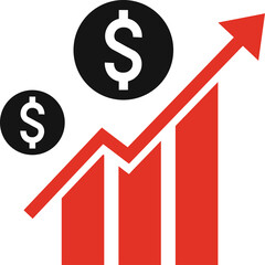 Rising Graph with Dollar Signs and Upward Trend Arrow Illustrating Financial Growth and Economic Success in Red and Black Colors