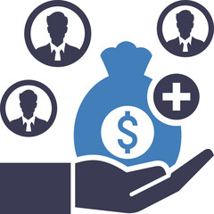 Hand holding money bag with dollar sign and people icons representing financial investment and growth in a clean design with a white background and blue and dark blue colors