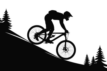 Fototapeta premium Mountain biker descending steep slope among pine trees mountain biking downhill