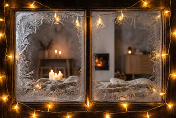 Cozy frosted window framed by warm fairy lights, with soft candles and fireplace glow inside. Hygge winter holiday home scene and atmospheric background.