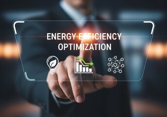 A professionals hand interacts with a virtual display showing energy efficiency optimization and icons, representing modern solutions for sustainable energy management and business growth