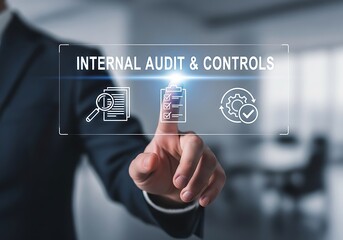 Businessmans hand touching a virtual screen with internal audit controls text and icons, representing financial examination, risk management, compliance, and corporate governance processes