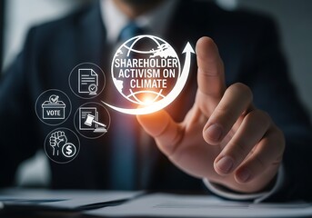 Businessmans hand interacting with a glowing digital globe with shareholder activism on climate and icons, symbolizing corporate environmental responsibility, esg, and sustainable governance