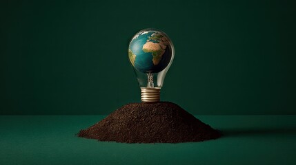 Miniature globe earth inside a lightbulb on a pile of soil.