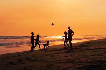 Friends playing with a dog on a sandy beach during a glowing sunset as silhouettes enjoy the warm light waves and carefree atmosphere creating a joyful summer coastal moment