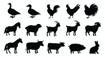 Farm animals silhouettes set. Flat vector illustrations of farm animals.
