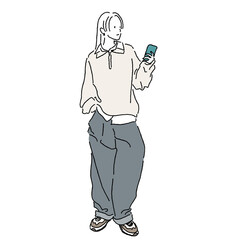Fashionable woman in trendy casual outfit looking at smartphone illustration