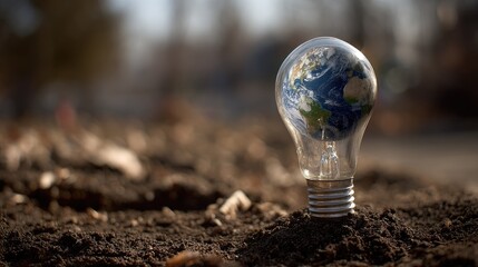 Earth nestled within a lightbulb, rooted in the ground.