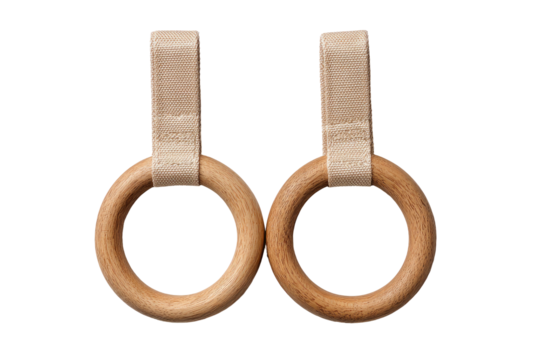 Two wooden gymnastic rings, beige straps against black