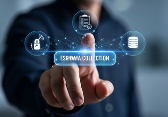 Human hand interacting with virtual screen displaying 'ESG Data Collection' concept and related icons