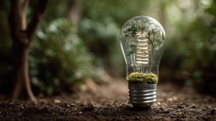 Miniature trees inside a lightbulb, standing on the ground.