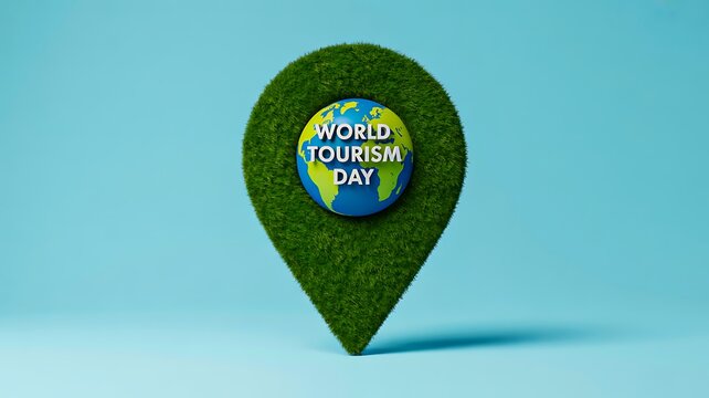 Green location pin with world tourism day badge on blue background
- Powered by Adobe