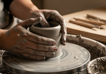 Close-up shot of hands shaping a clay pot on a pottery wheel, creating art.
