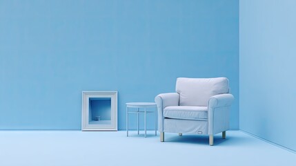 Light gray armchair and small table in a light blue room.