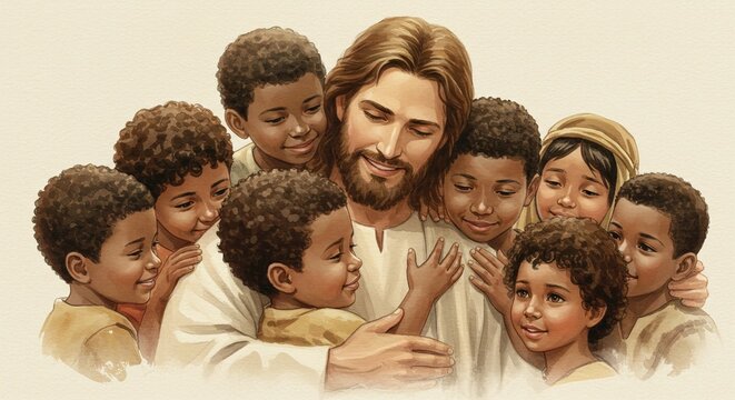 A tender depiction of jesus christ embracing a diverse group of young african american children with love and compassion