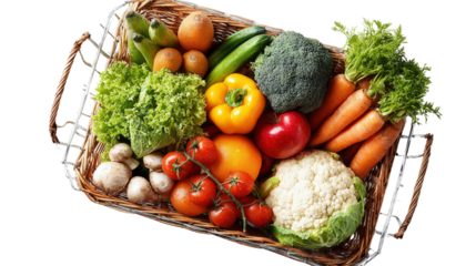 Overhead shot of realistic shopping basket packed with fresh groceries, background isolated on a Transparent background, PNG file.