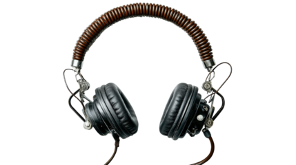 Overhead shot of retro-style headphones with coiled cable, background isolated on a Transparent background, PNG file.