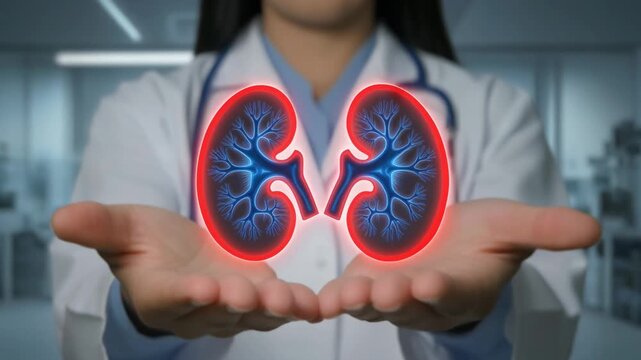 A doctor holds a glowing illustration of two kidneys, symbolizing healthcare, kidney health, and medical technology in a clinical setting.