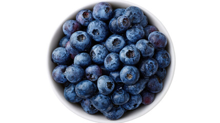 Overhead shot of ripe blueberries in a bowl on clean isolated on a Transparent background, PNG file.