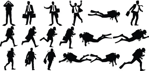 Underwater Corporate Success, Running Managers, and Professional Divers with Briefcases and Office Attire Vector Set