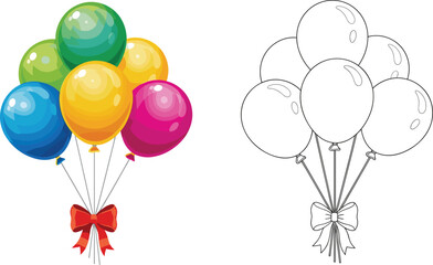 Bunch of Colorful Glossy Balloons with Ribbon and Black Outline Vector Set Isolated